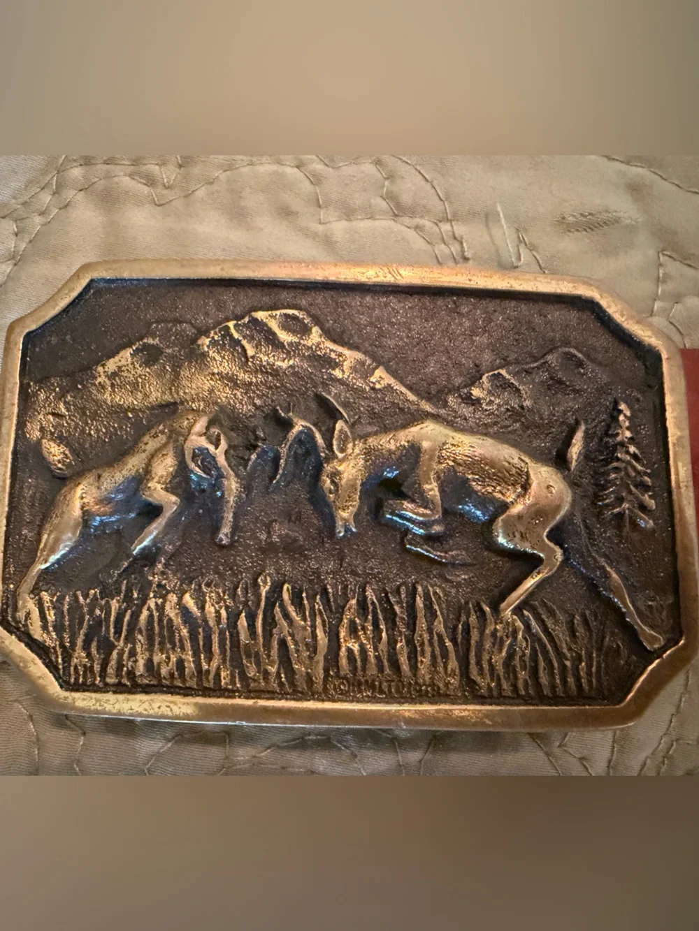 VTG Heritage Mint Brass Deer Buck Buckle Tooled Brown Leather Belt Hunter Sz 34